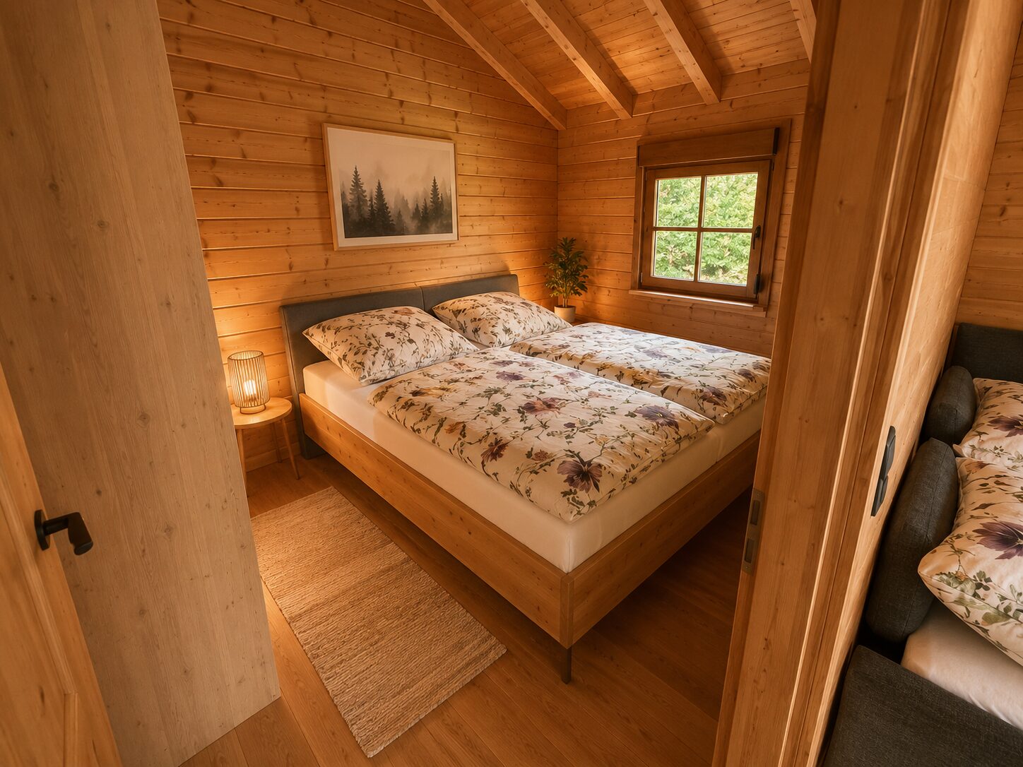 Schlafzimmer mit Doppelbett und Fenster ins Grüne