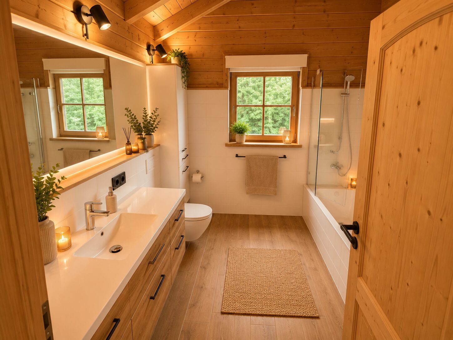 Modernes Bad mit Waschtisch, Dusche und Badewanne