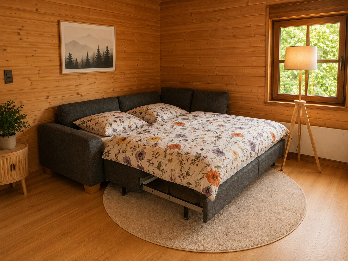 Hochwertige Schlafcouch als Bett bezogen, gemütlicher Schlafplatz im Blockhaus